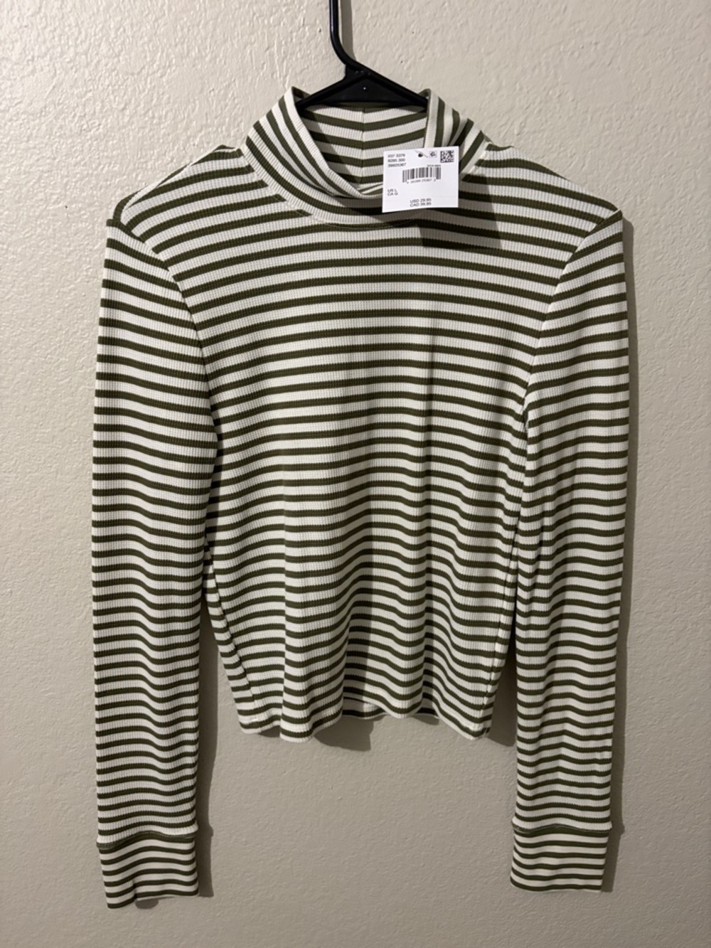 American Eagle Outfitters Cropped Olive & White Striped Ribbed Mock Neck Top